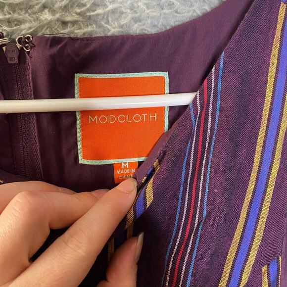 Modcloth womens Aline purple striped knee length dress belted round neck M - Picture 3 of 10